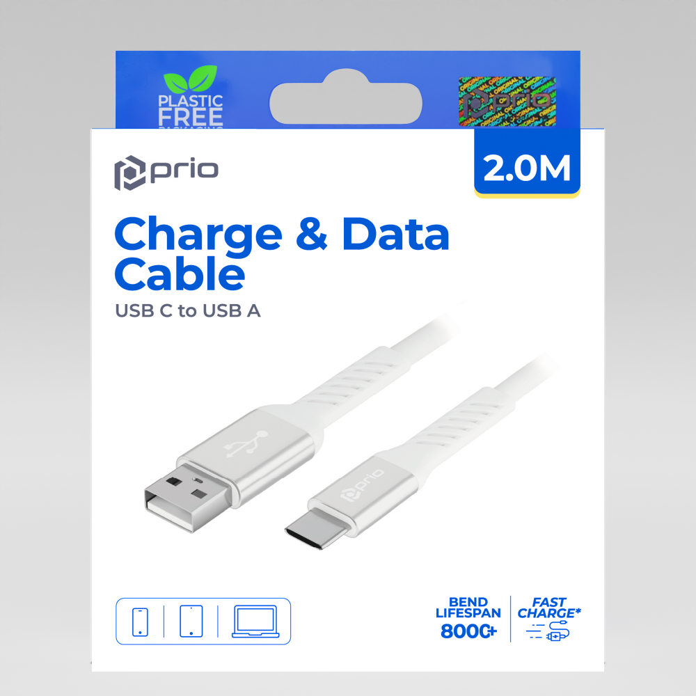 prio Lade- und Datenkabel USB C auf USB A 2,0 m weiß