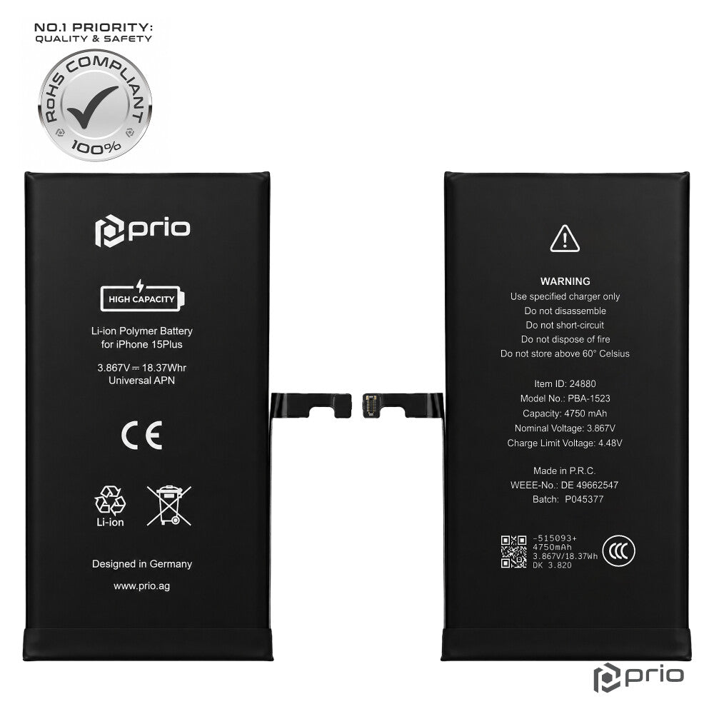 Prio Hochleistungsakku für iPhone 15 Plus (4750 mAh) - Universeller APN -