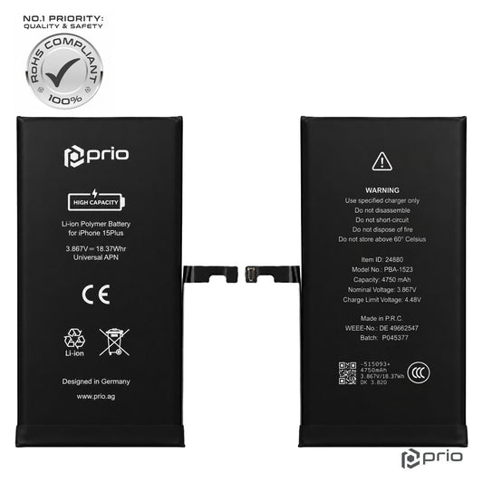 Prio Hochleistungsakku für iPhone 15 Plus (4750 mAh) - Universeller APN -