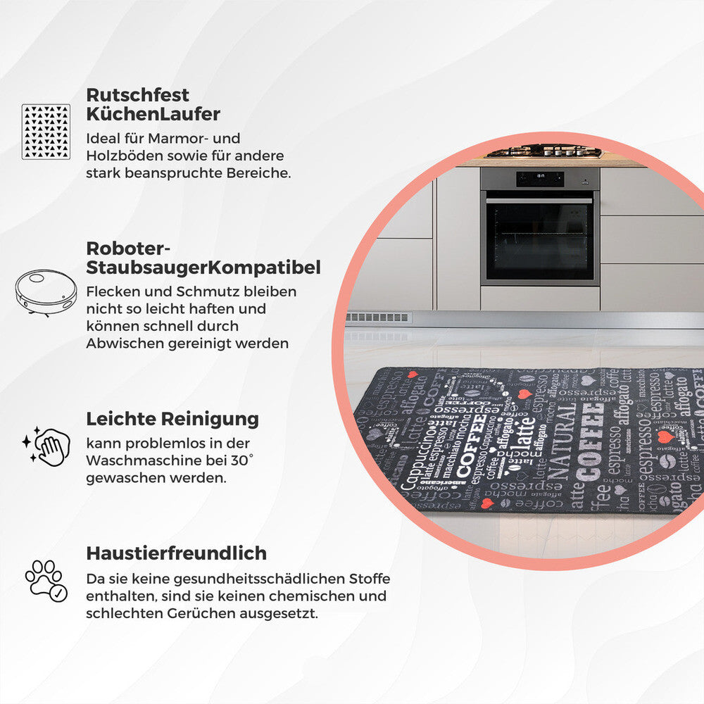 miqna Moderner Küchenteppich Gel Läufer Grau Weiß Schwarz Natural Coffee Design Hauptbild
