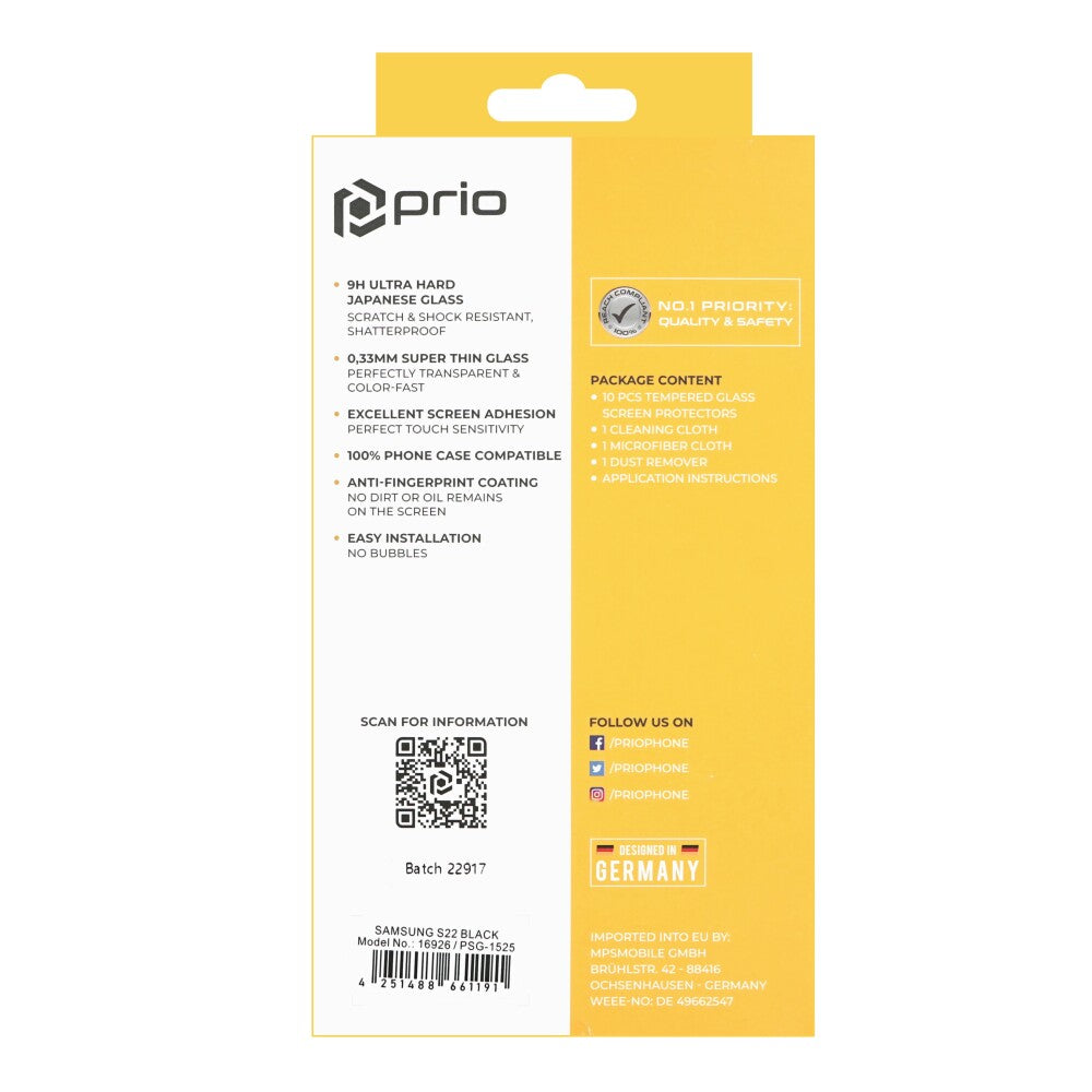 prio 10x 3D screen protector glass for Samsung S22 black