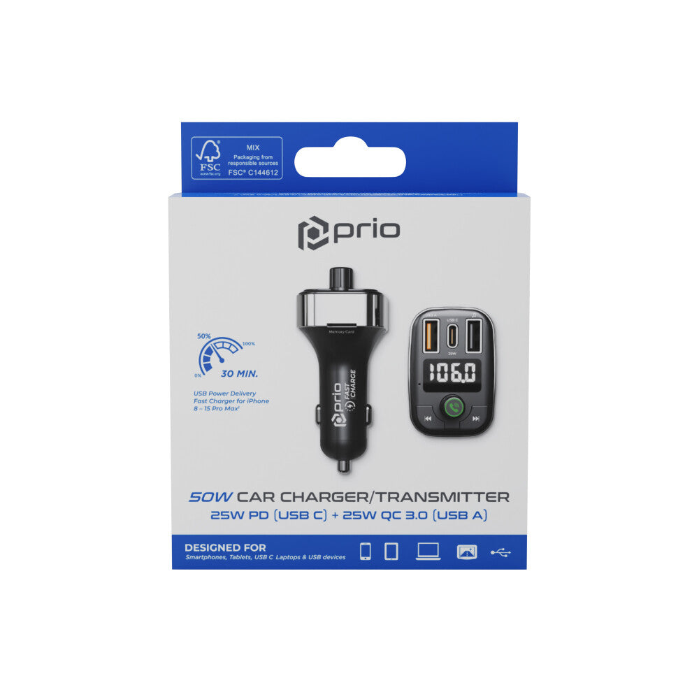 Prio Fast Charge Car Charger 50W (USB-C + USB-A) &amp; Transmitter (BT/FM) Black