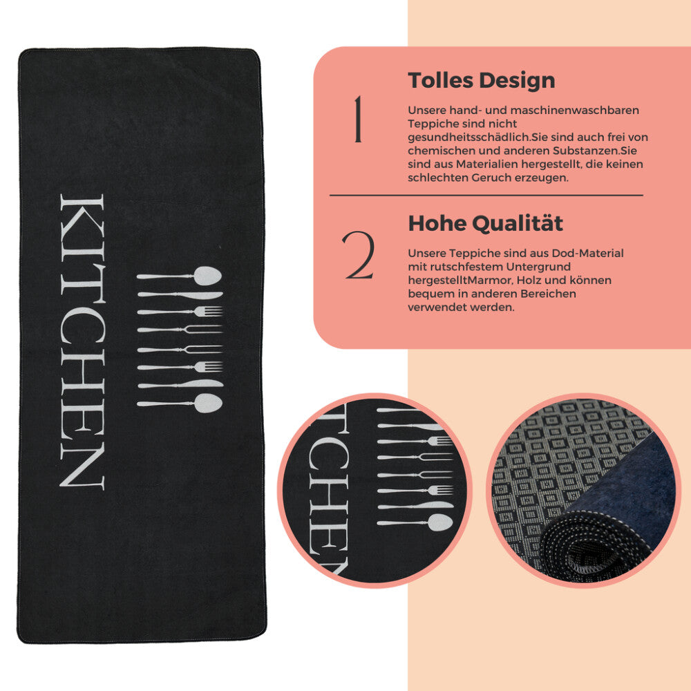 miqna Küchenteppich, rutschfeste Küchenläufer, Waschbarer Küchenteppich, Schwarz Hauptbild
