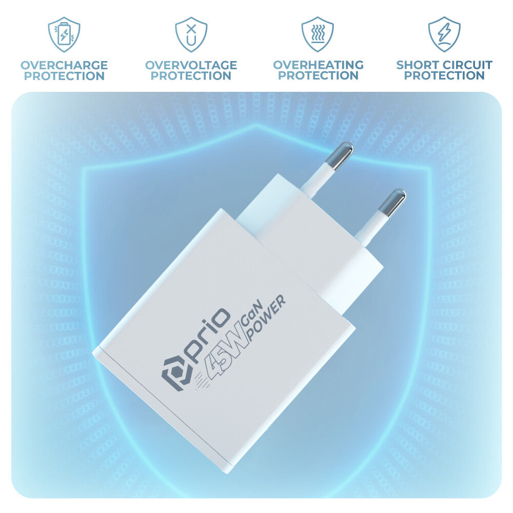 prio 45W GaN Power Charger PD PPS (USB C) + QC 3.0 (USB A) weiß