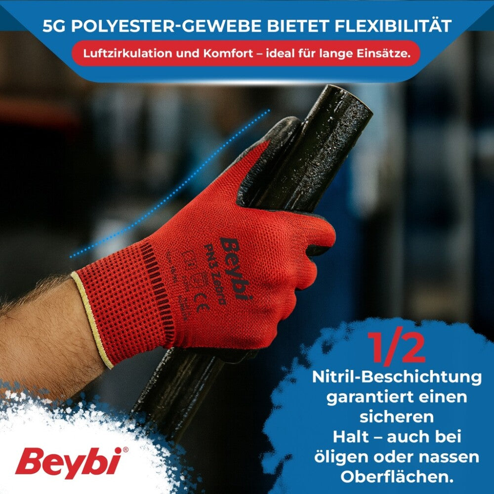 12 Paar Arbeitshandschuhe, Polyester, Rot und Schwarz