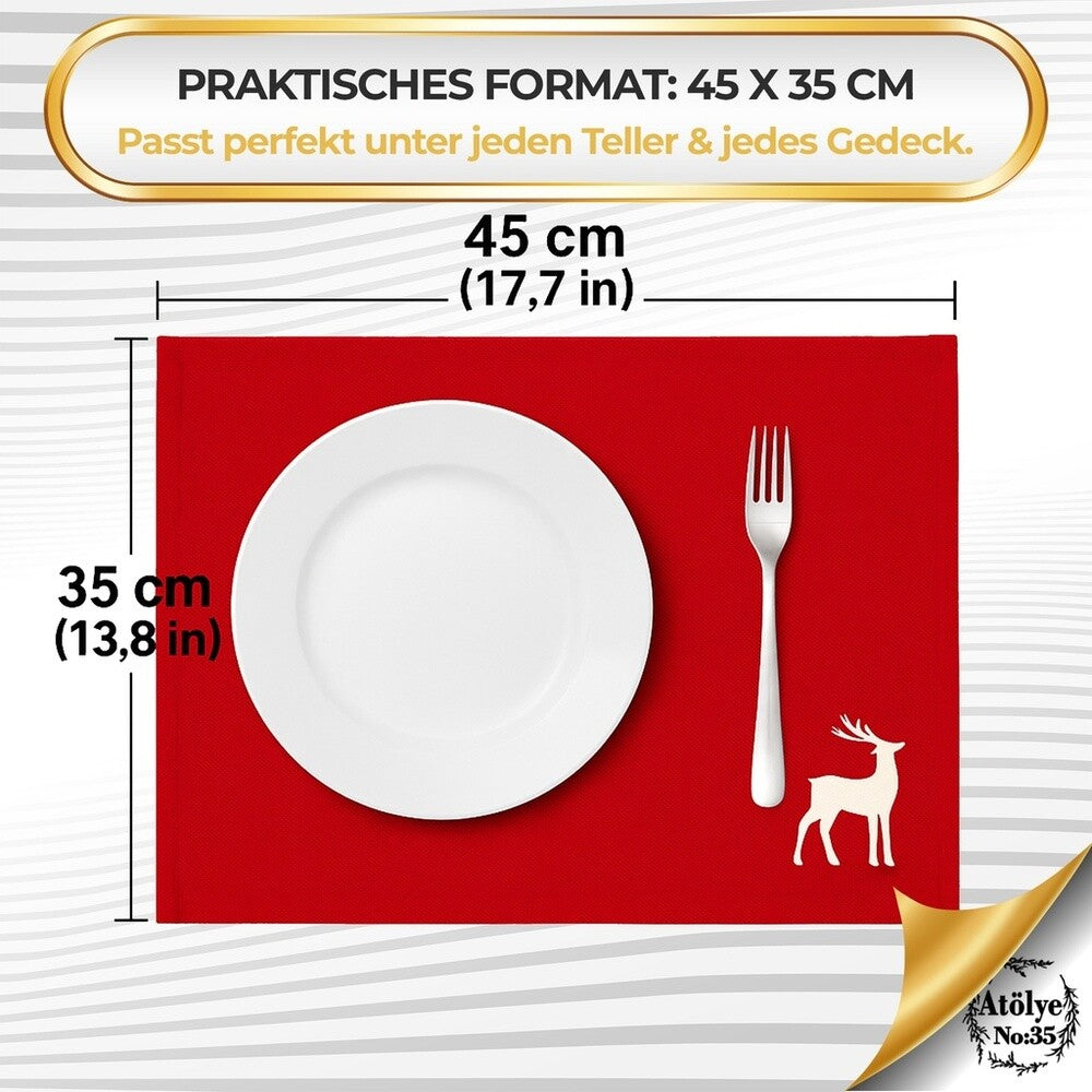 Tischsets Weihnachten, 4er Set Rot Gold Rentier-Stickerei, Abwaschbar 45x35 cm