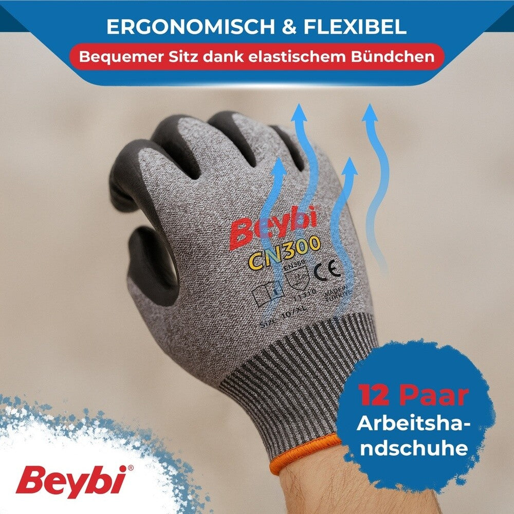 12 Paar Arbeitshandschuhe, Enthält kein Silikon, Grau und Schwarz