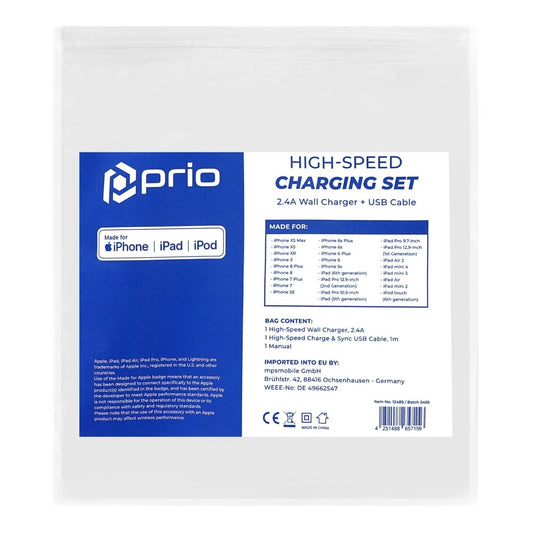 prio MFi-certified charging set (12W/2.4A charger + lightning cable) white BULK