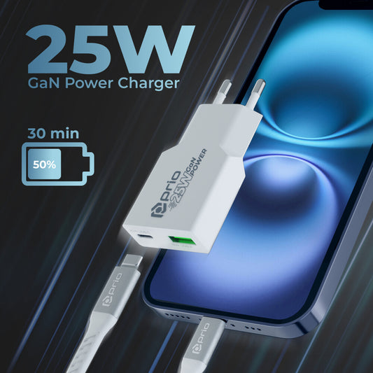 prio Ladegerät GaN POWER 25W PD PPS (USB C)+QC 3.0 (USB A) weiß