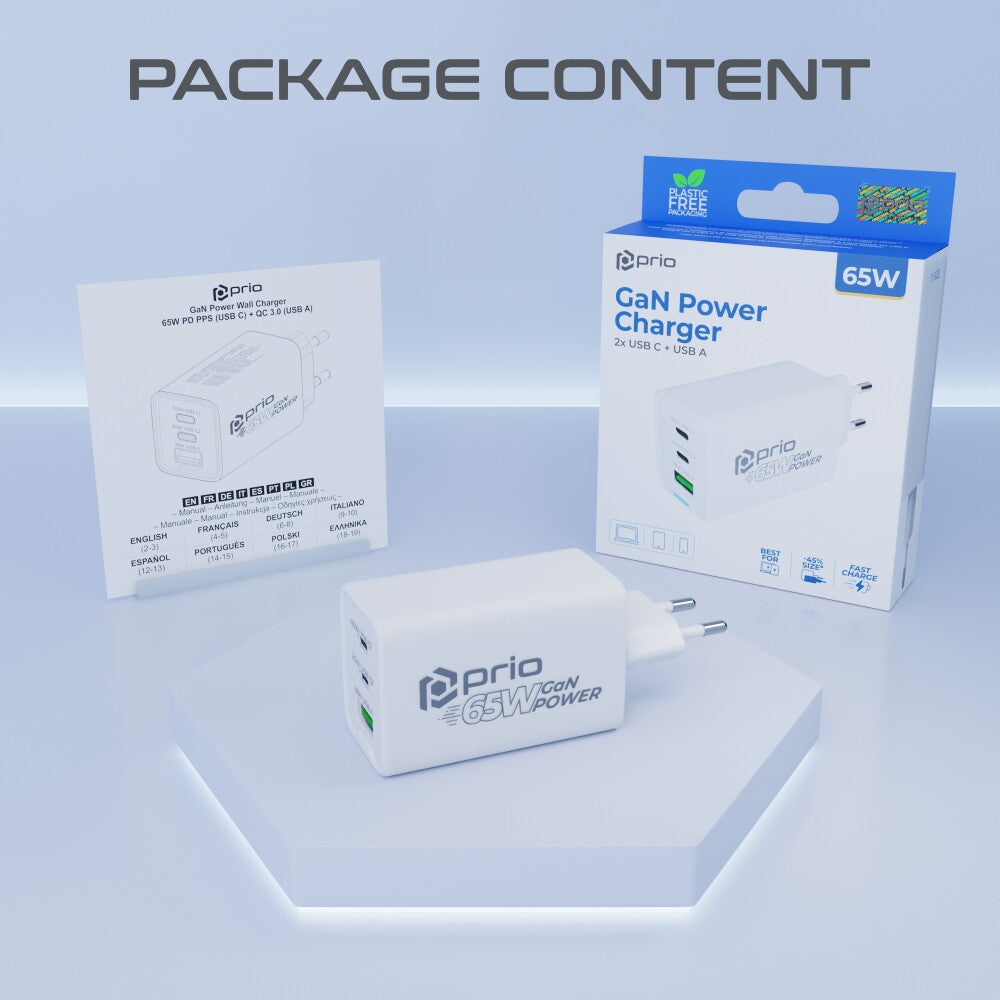 prio Wandladegerät GaN Power 65W PD PPS (USB C) + QC 3.0 (USB A) weiß