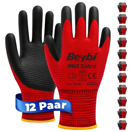 12 Paar Arbeitshandschuhe, Polyester, Rot und Schwarz