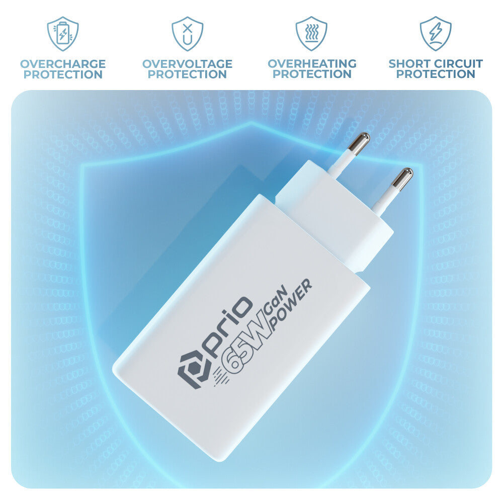 prio Wandladegerät GaN Power 65W PD PPS (USB C) + QC 3.0 (USB A) weiß