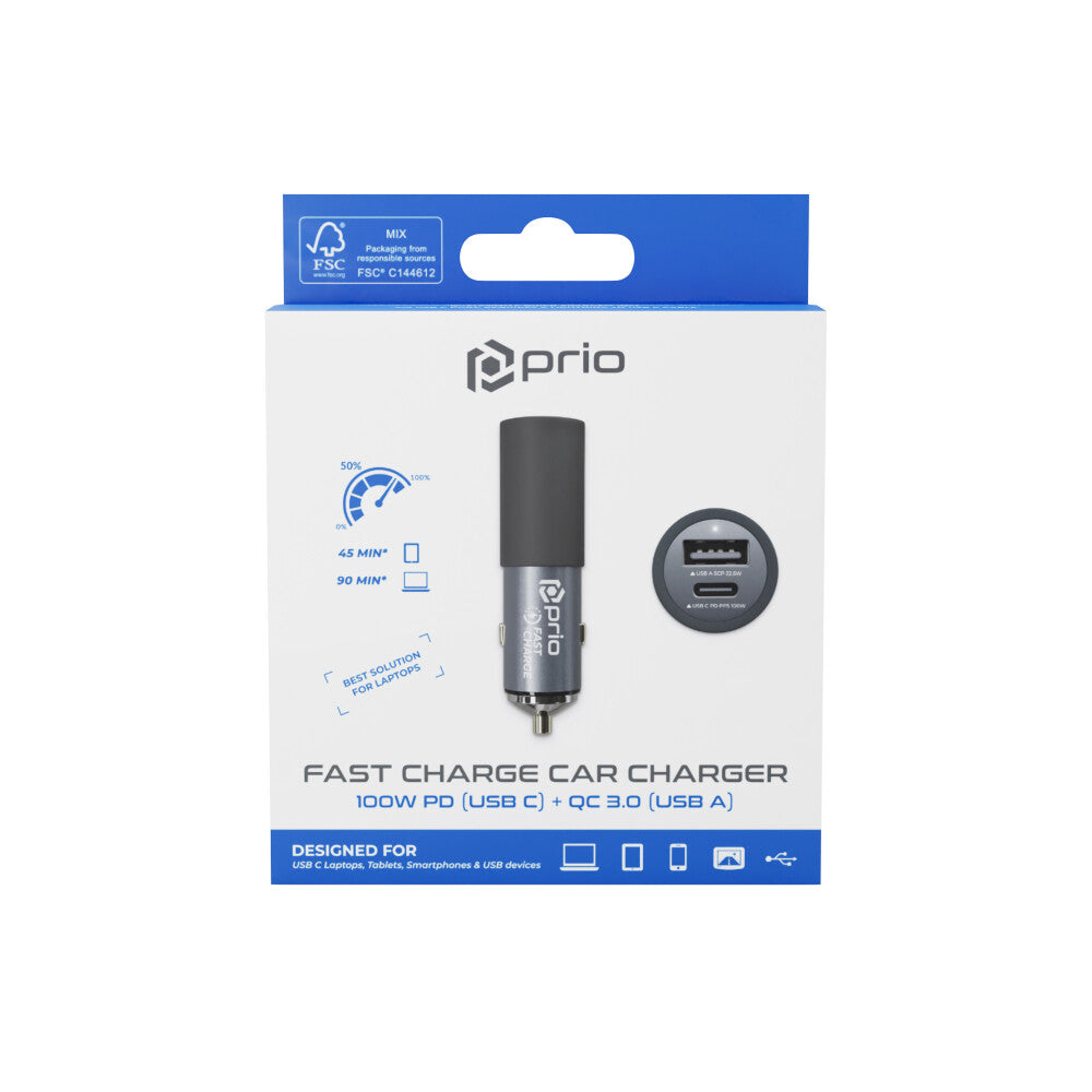 prio Fast Charge car charger 100W PD (USB C) + 22.5W (USB A) black