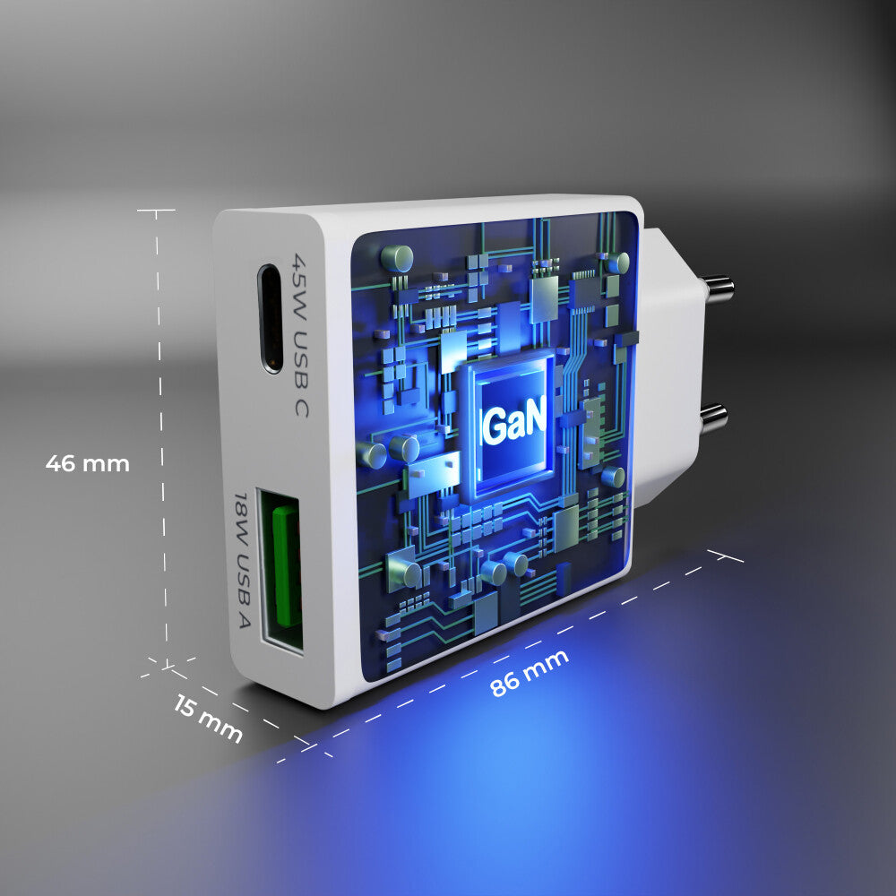 prio 45W GaN Power Charger PD PPS (USB C) + QC 3.0 (USB A) weiß