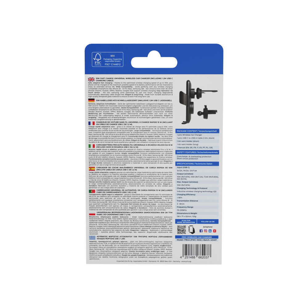 prio kabelloses KFZ-Schnellladegerät 15W (USB C) schwarz