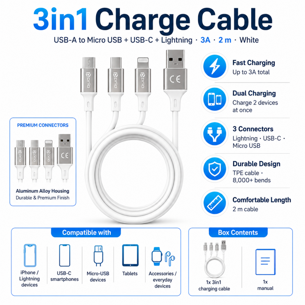 prio 3in1 Micro USB & USB C & Lightning zu USB A Kabel 3A 2m weiß