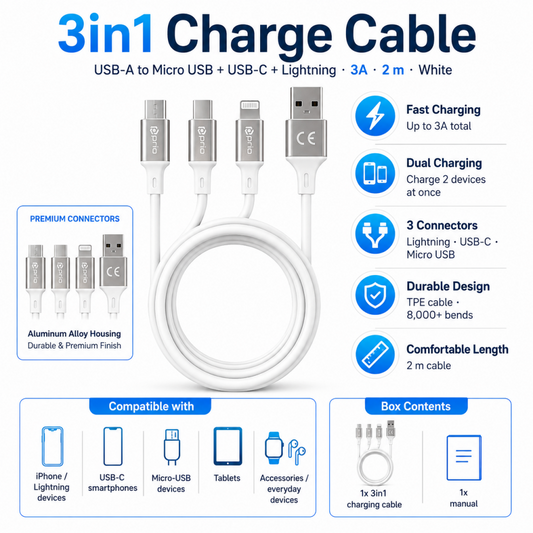 prio 3in1 Micro USB & USB C & Lightning zu USB A Kabel 3A 2m weiß