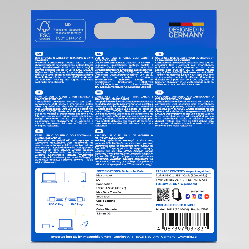 prio Lade- und Datenkabel USB C auf USB C 2,0 m weiß