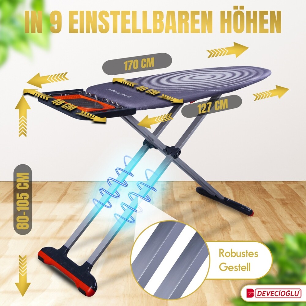 Bügelbrett, Bügeleisen Ablage, Bügelbrettbezug 46x127cm, Höhe 80-105cm, Schwarz