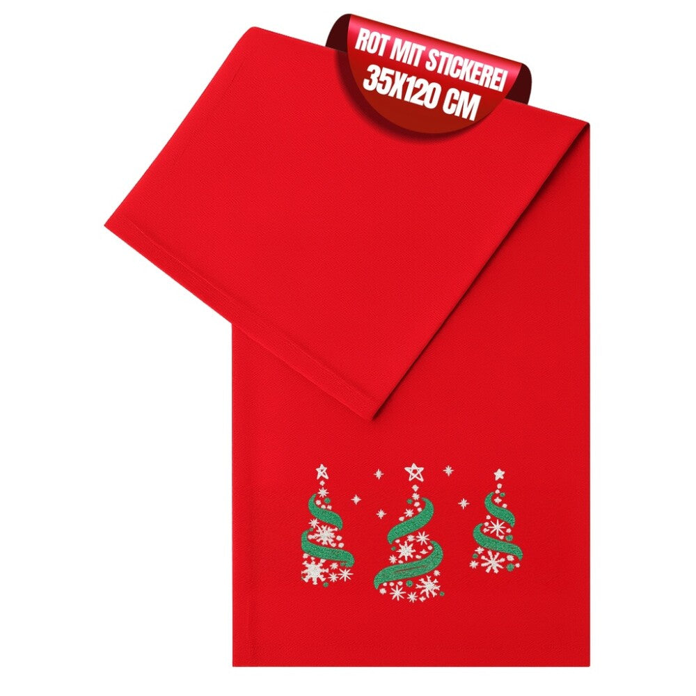 Weihnachtlicher Tischläufer Rot mit Tannenbaum-Stickerei 35x120, Weihnachtsdeko