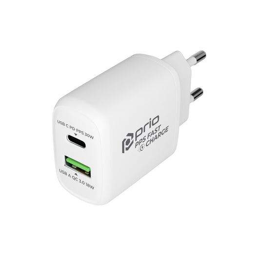 Prio Fast Charge Wall Charger 30 W PD PPS (USB C) + QC 3.0 (USB A) white