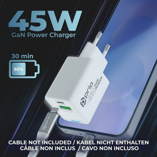 prio Wandladegerät GaN Power 45W PD PPS (USB C) + QC 3.0 (USB A) weiß