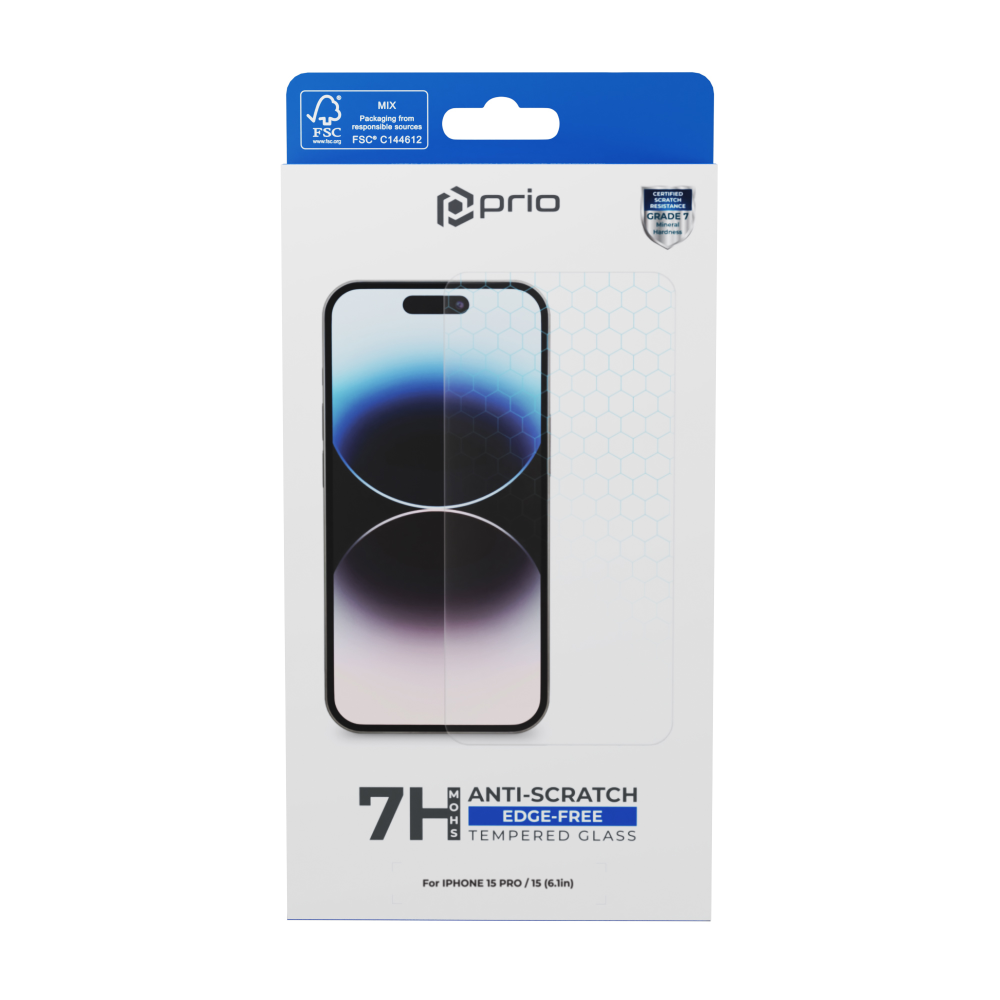 prio Anti-Scratch Screen Protector Glass for iPhone 15 Pro / 15 (6.1in) transparent