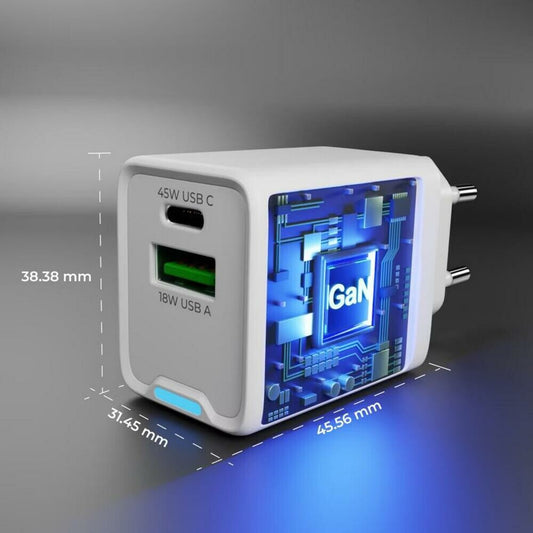 prio Wandladegerät GaN Power 45W PD PPS (USB C) + QC 3.0 (USB A) weiß