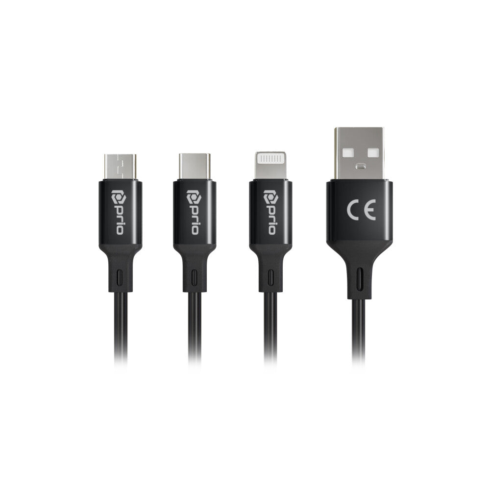 prio 3in1 Micro USB &amp; USB C &amp; Apple cable to USB A cable 3A 2m black