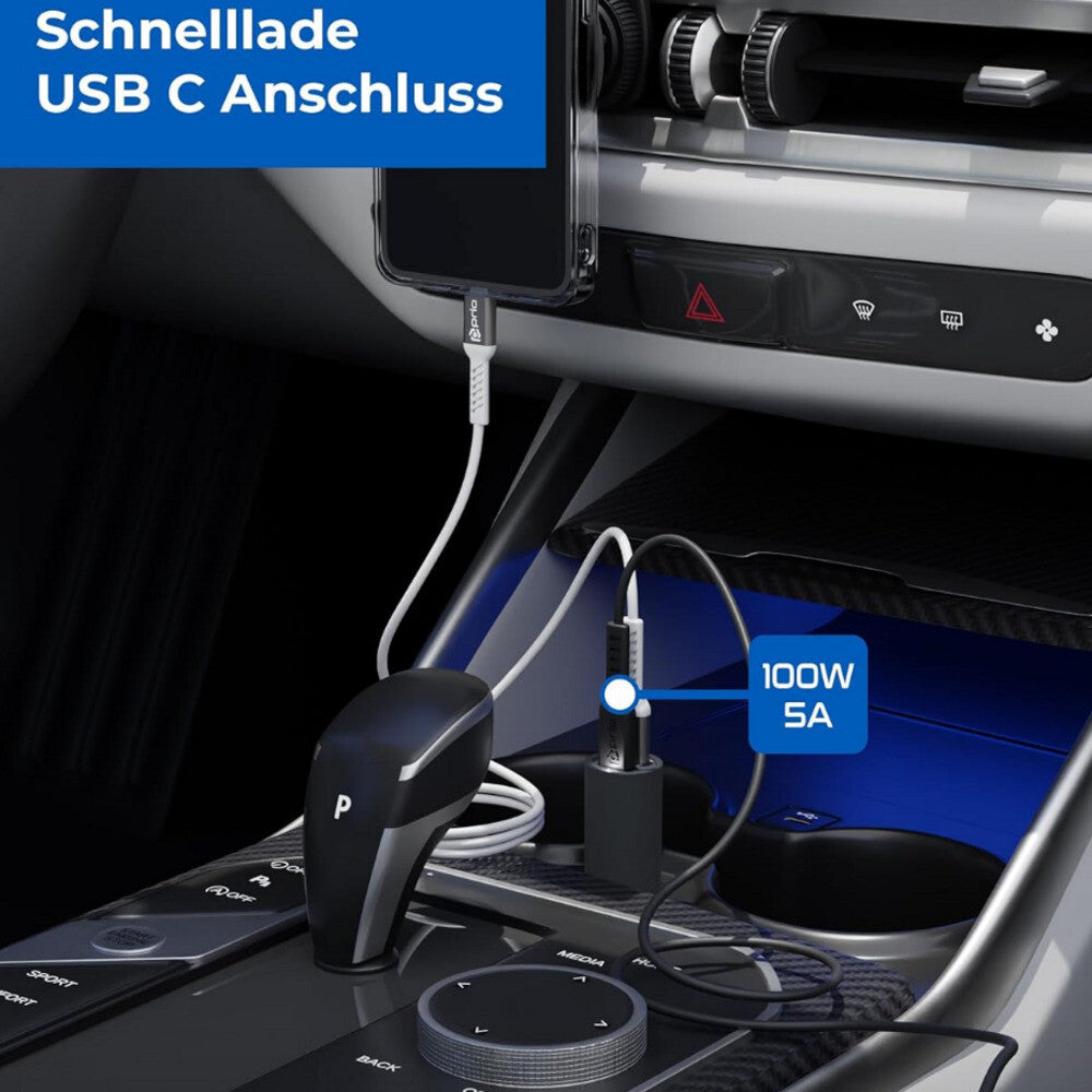 prio Fast Charge Autoladegerät 100W PD (USB C) + 22,5W (USB A) schwarz