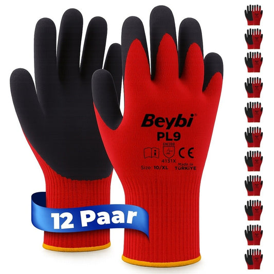 12 Paar Arbeitshandschuhe, Polyester, Rot und Schwarz