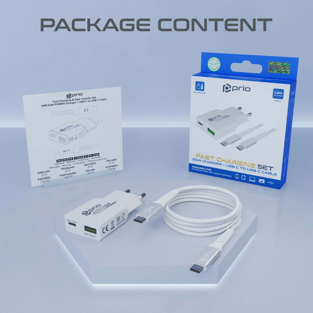 prio Lade- und Set (30W GaN Ladegerät + USB C - USB C Kabel) weiß
