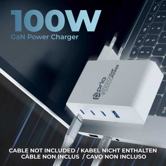 prio Wandladegerät GaN Power 100W PD PPS (USB-C) + QC 3.0 (USB-A) weiß