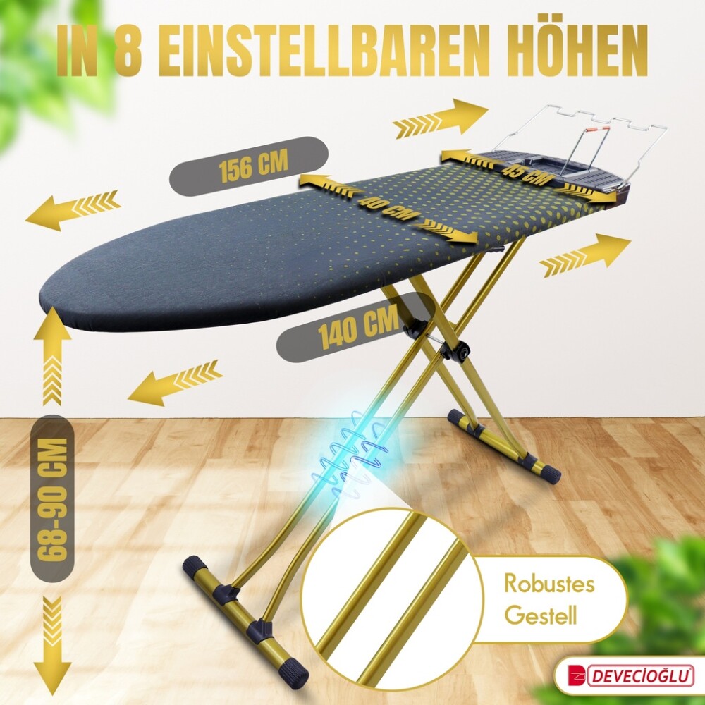 Bügelbrett, Bügeltisch, Bügelbrettbezug 40x140cm, Höhe 68-90cm, Grau, Goldfarbig