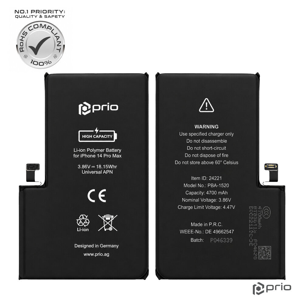 Prio Hochleistungsakku für iPhone 14 Pro Max (4700 mAh) - Universeller APN -