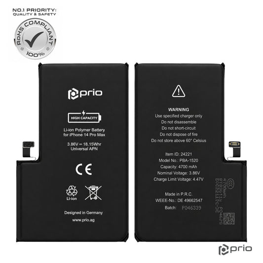 Prio Hochleistungsakku für iPhone 14 Pro Max (4700 mAh) - Universeller APN -