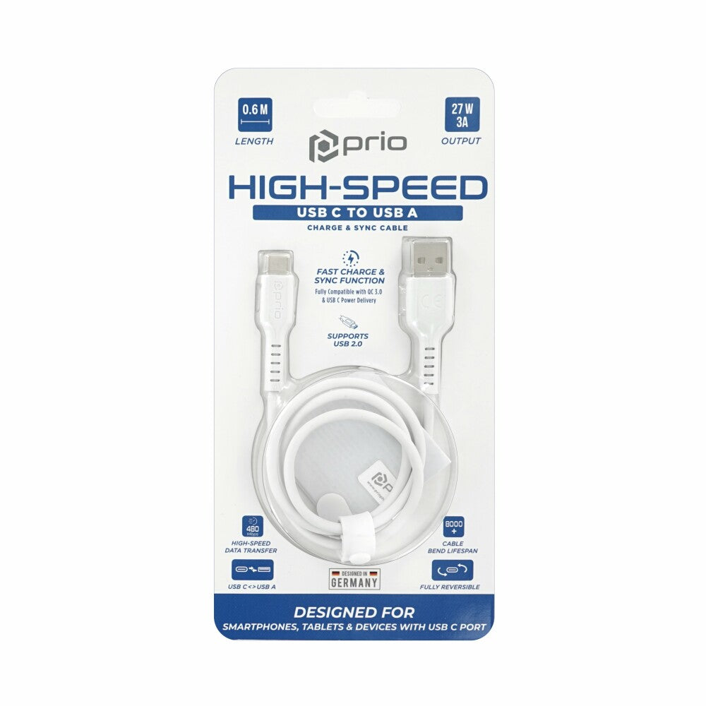 Prio High-Speed ​​Charge &amp; Sync USB C to USB A Cable 3A 0.6m white