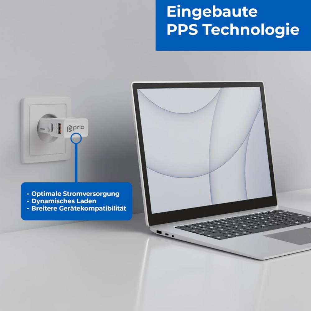 prio Fast Charge World Reiseladegerät 25W PD PPS (USB C) + QC 3.0 (USB A) weiß