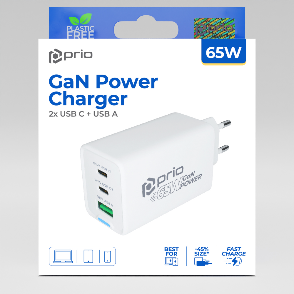prio Wandladegerät GaN Power 65W PD PPS (USB C) + QC 3.0 (USB A) weiß
