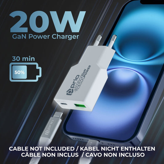prio Wandladegerät GaN POWER 20W PD PPS (USB C) + QC 3.0 (USB A) weiß