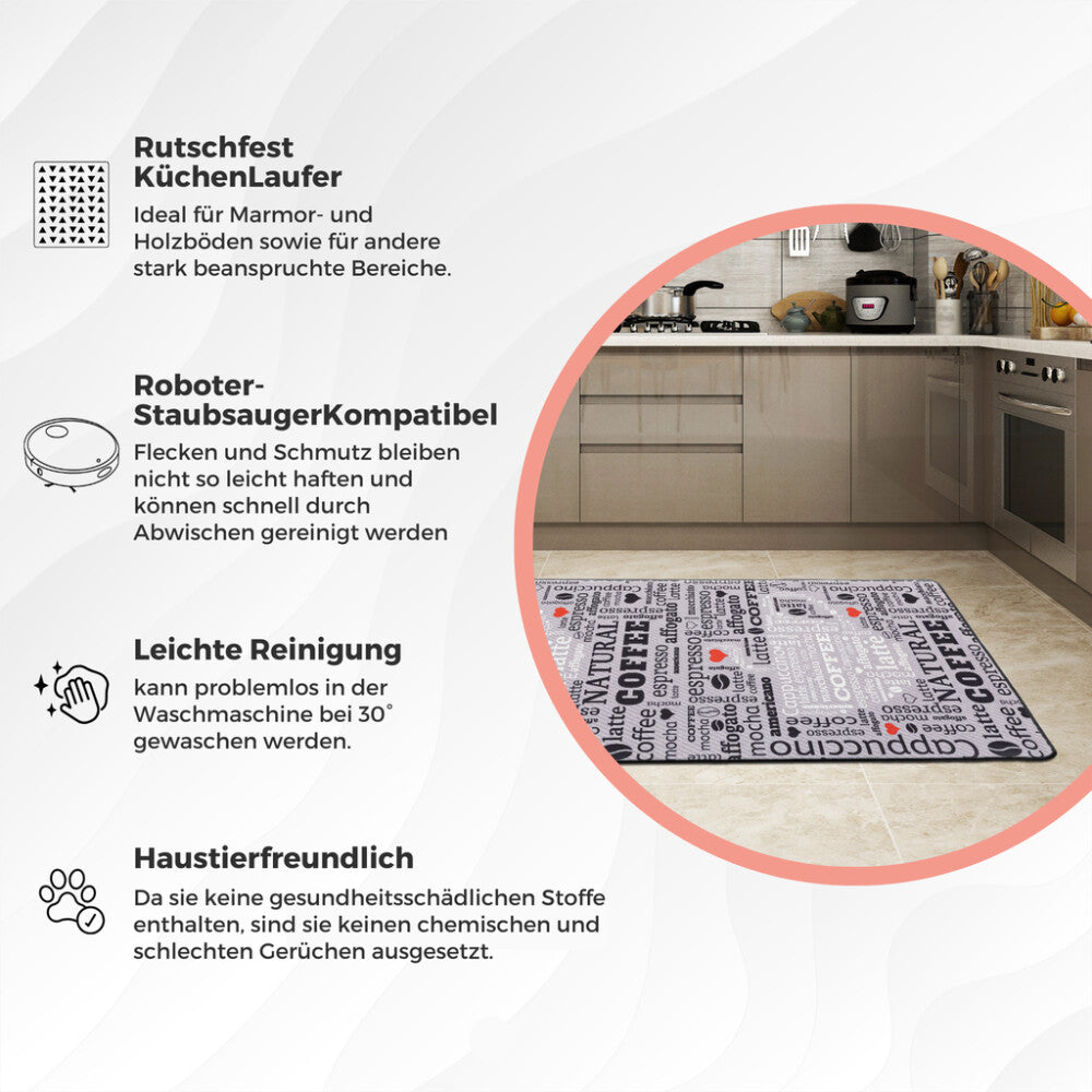 miqna Moderner Küchenteppich Gel Läufer Grau Weiß Natural Coffee Design Hauptbild