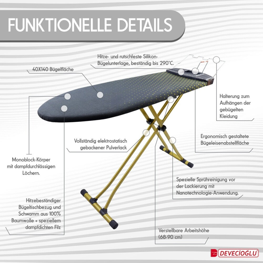 Bügelbrett, Bügeltisch, Bügelbrettbezug 40x140cm, Höhe 68-90cm, Grau, Goldfarbig