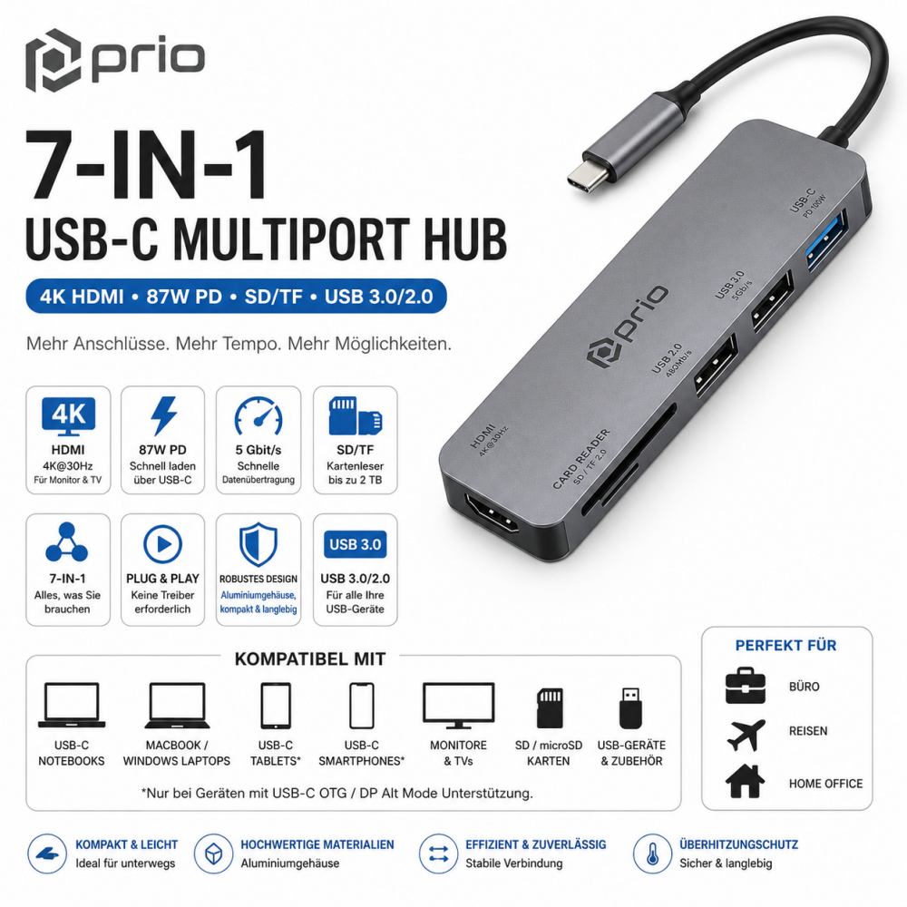 7-in-1 USB-C Hub Adapter – 4K HDMI, 87W PD, SD/TF, USB 3.0 für PC & Switch