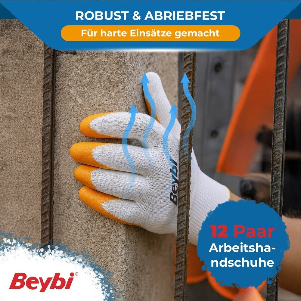 12 Paar Arbeitshandschuhe, Polyester, Gelb und Weiß