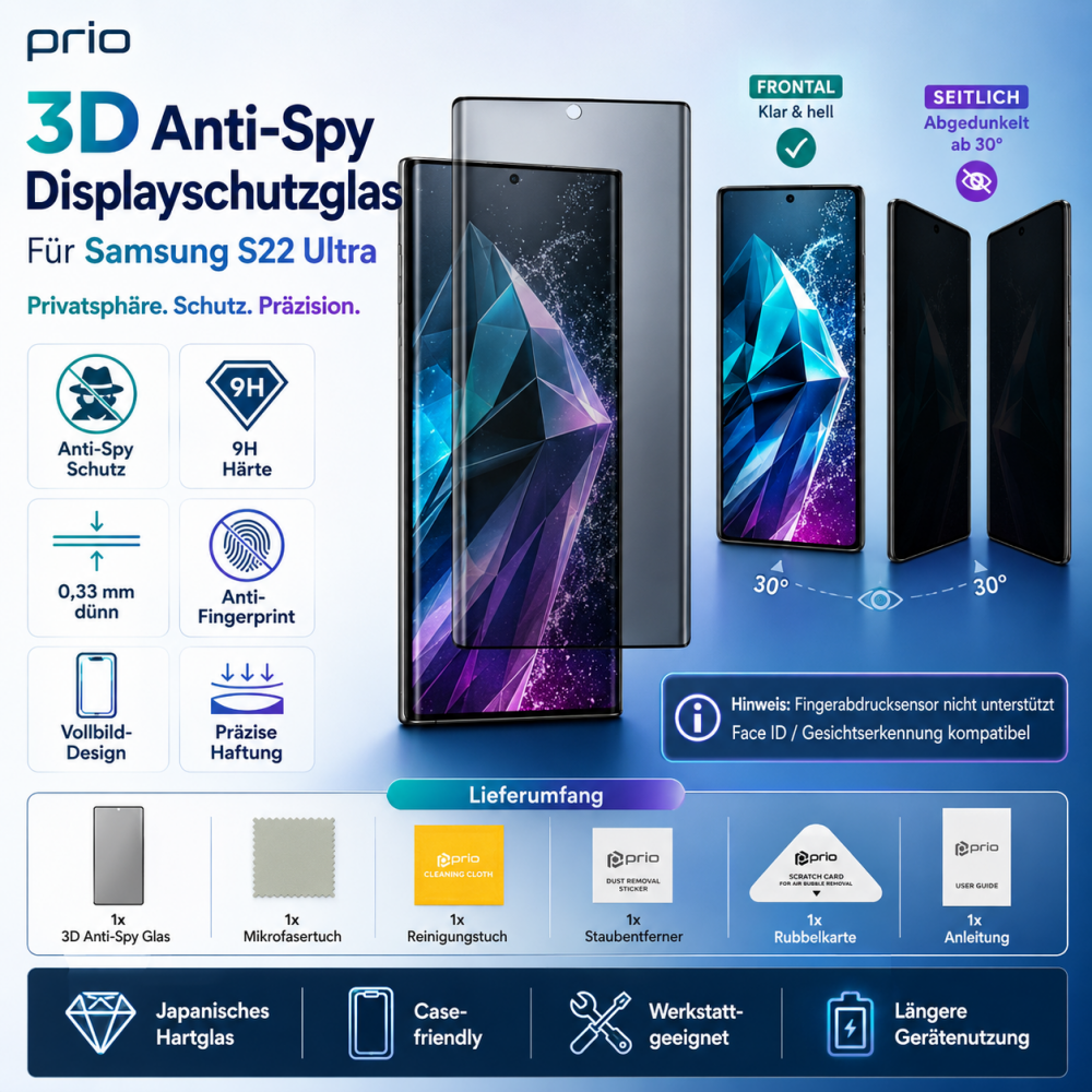 prio 3D Anti-Spy Displayschutzglas für Samsung S22 Ultra schwarz