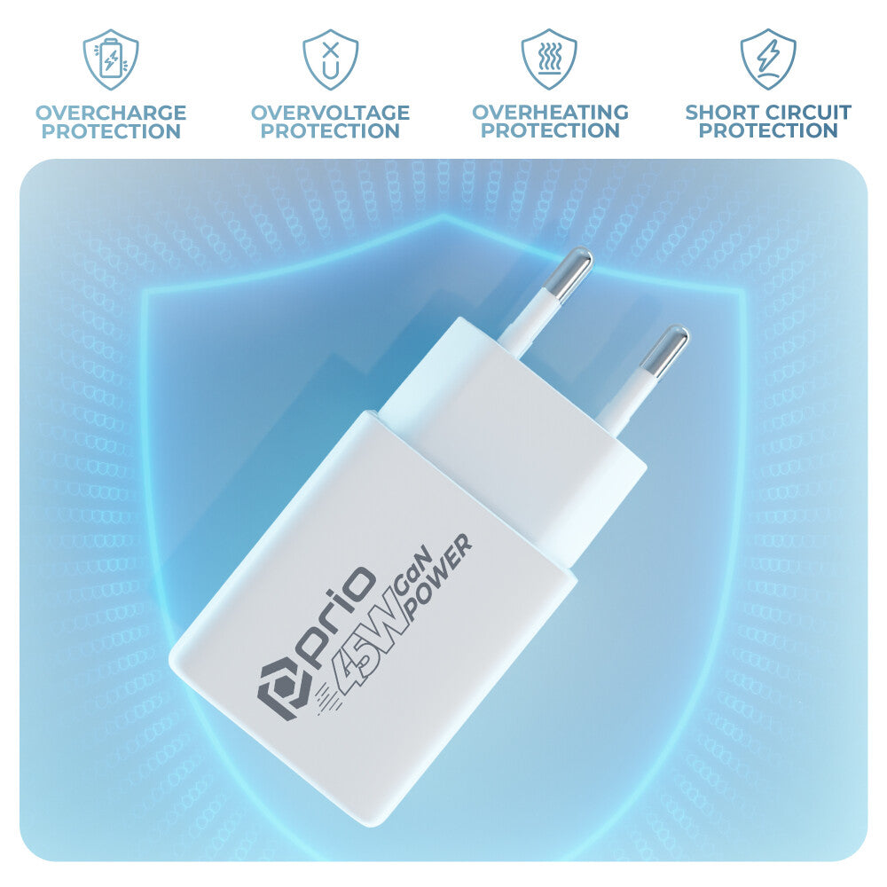 prio Wandladegerät GaN Power 45W PD PPS (USB C) + QC 3.0 (USB A) weiß