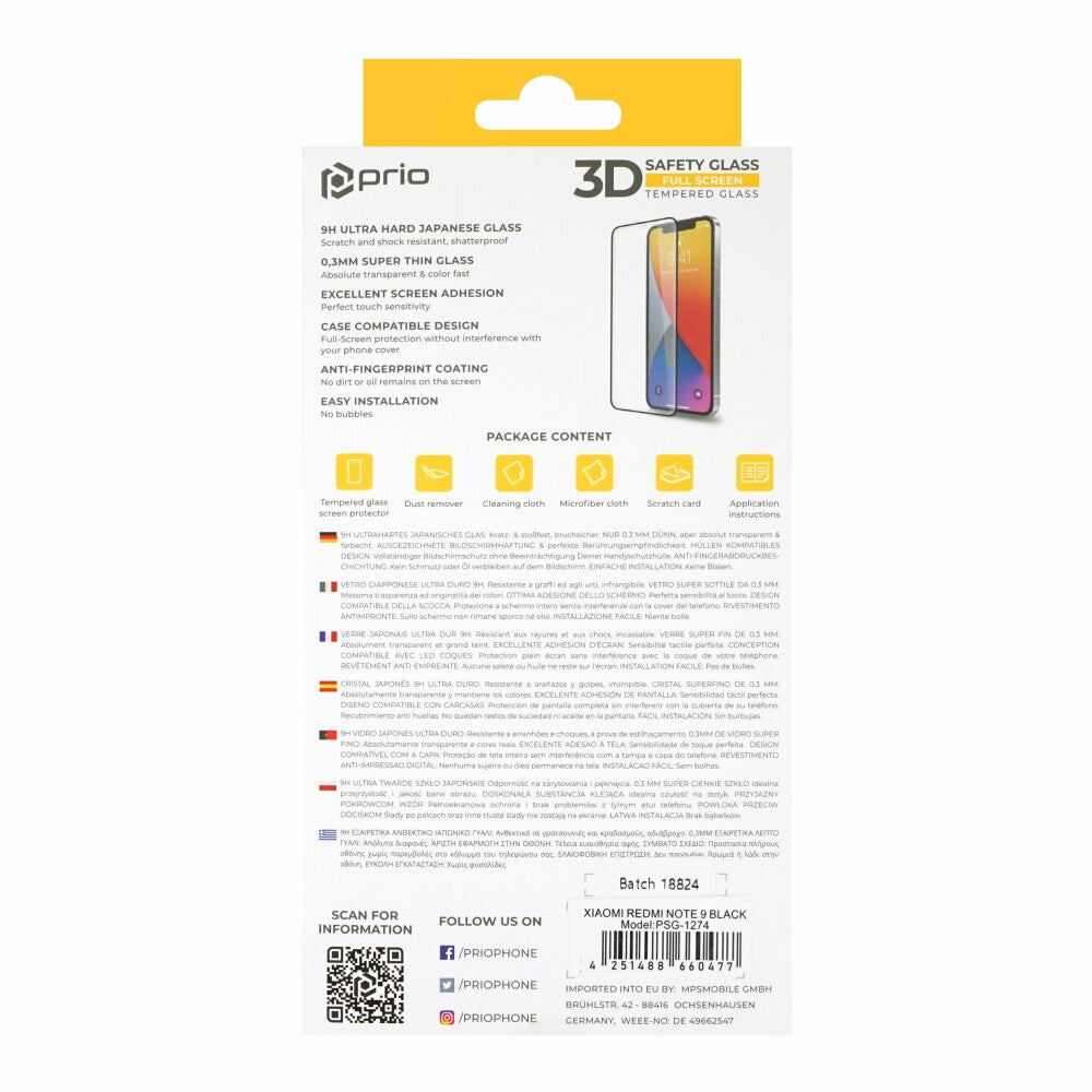 prio 3D screen protector glass for Xiaomi Redmi Note 9 black