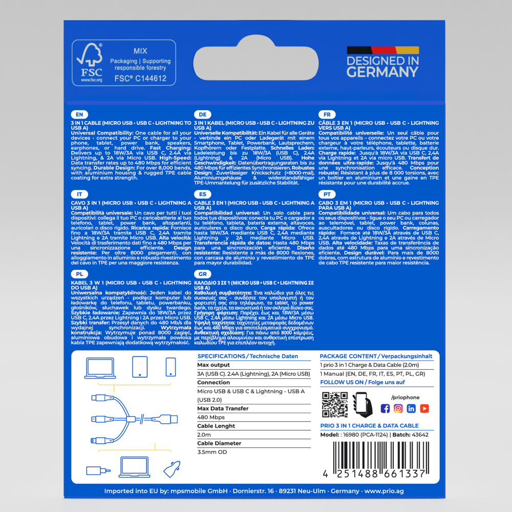 prio 3in1 Micro USB & USB C & Lightning zu USB A Kabel 3A 2m weiß