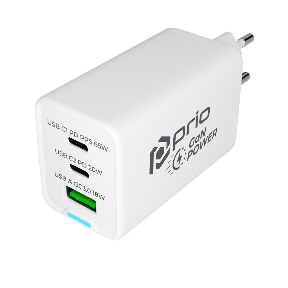 prio Wandladegerät GaN Power 65W PD PPS (USB C) + QC 3.0 (USB A) weiß