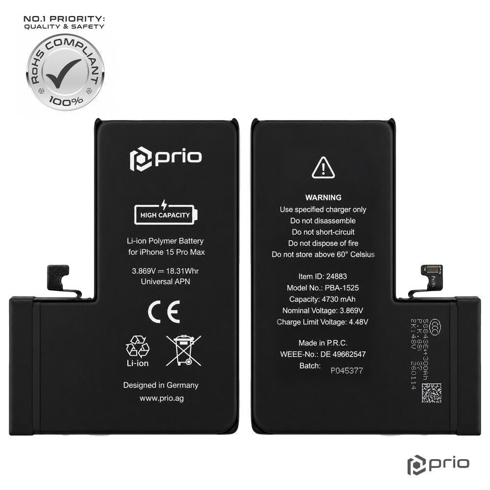 Prio Hochleistungsakku für iPhone 15 Pro Max (4730 mAh) - Universeller APN -